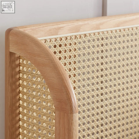 Light oak astrid rattan double size bed frame showing woven cane backrest in rattan double size design