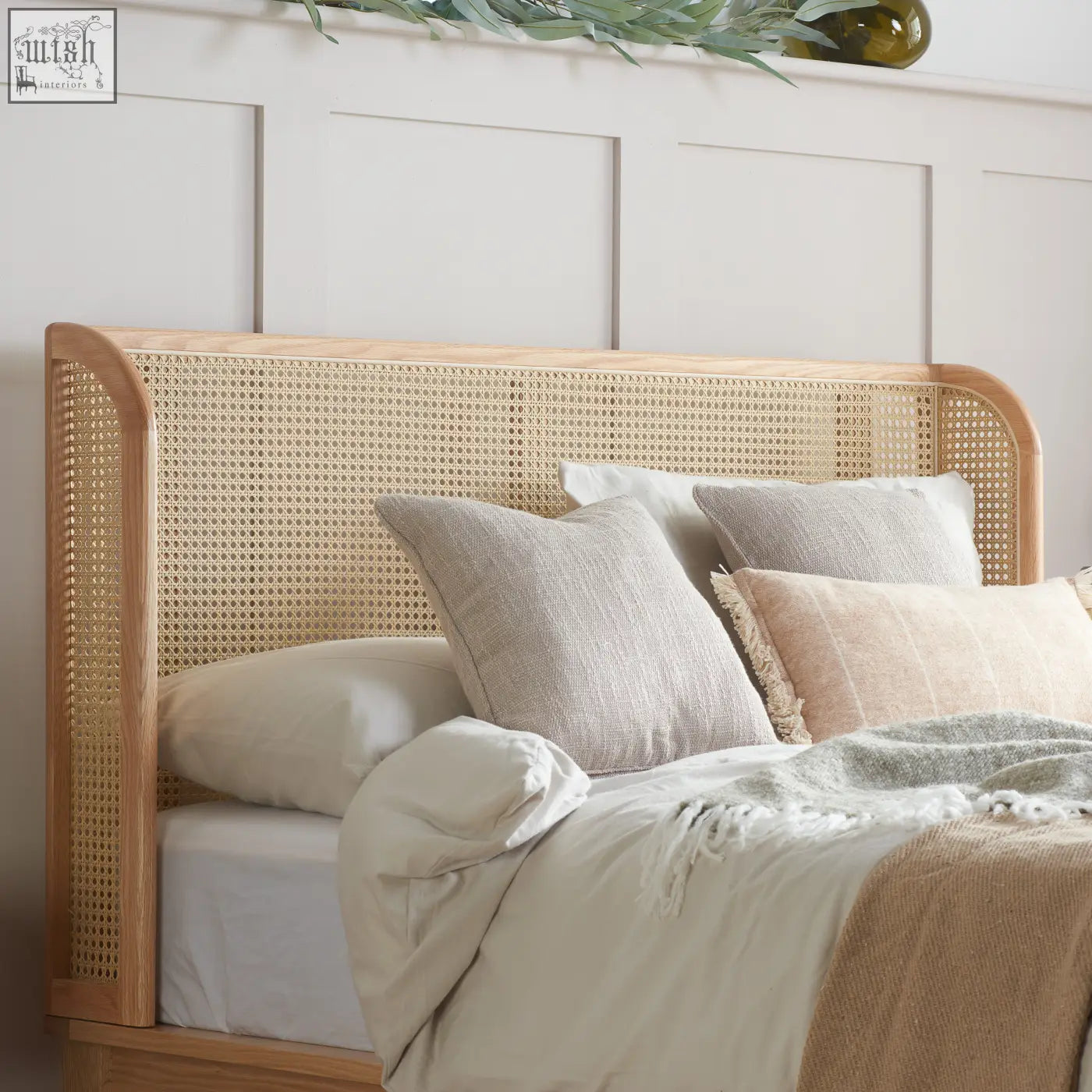 Curved oak wooden headboard with woven cane center for astrid rattan king size bed frame perfect for cozy bedrooms