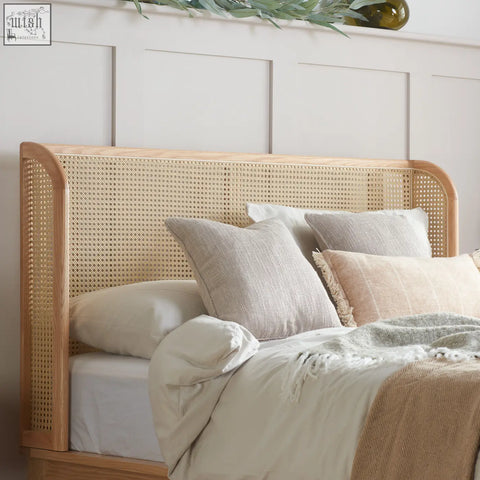 Curved oak wooden headboard with woven cane center for astrid rattan king size bed frame perfect for cozy bedrooms