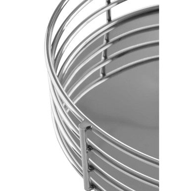 Shiny chrome stainless steel astro silver round tray wire basket with multiple concentric circular rings and mirrored base