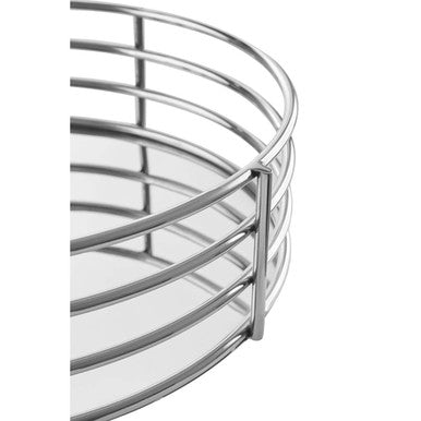 Stainless steel astro silver round tray with a sleek curved wire basket design and a mirrored base