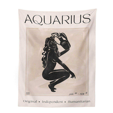 Cream-colored fabric astrology tapestry with black aquarius silhouette showing date range and traits in astrology tapestry collection