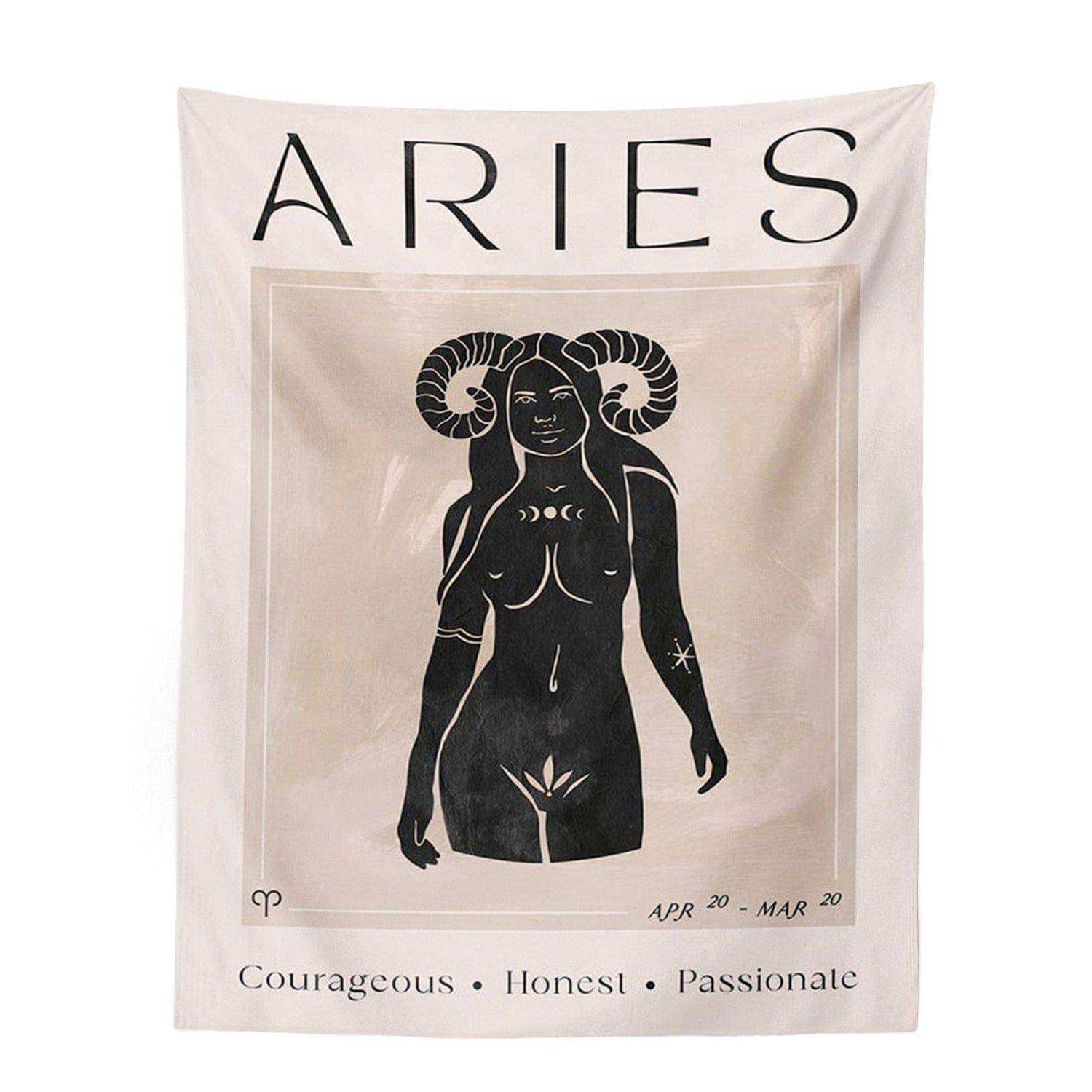 Astrology tapestry featuring a black ram silhouette with curved horns on an off-white background from a tapestry collection