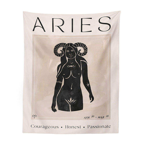 Astrology tapestry featuring a black ram silhouette with curved horns on an off-white background from a tapestry collection