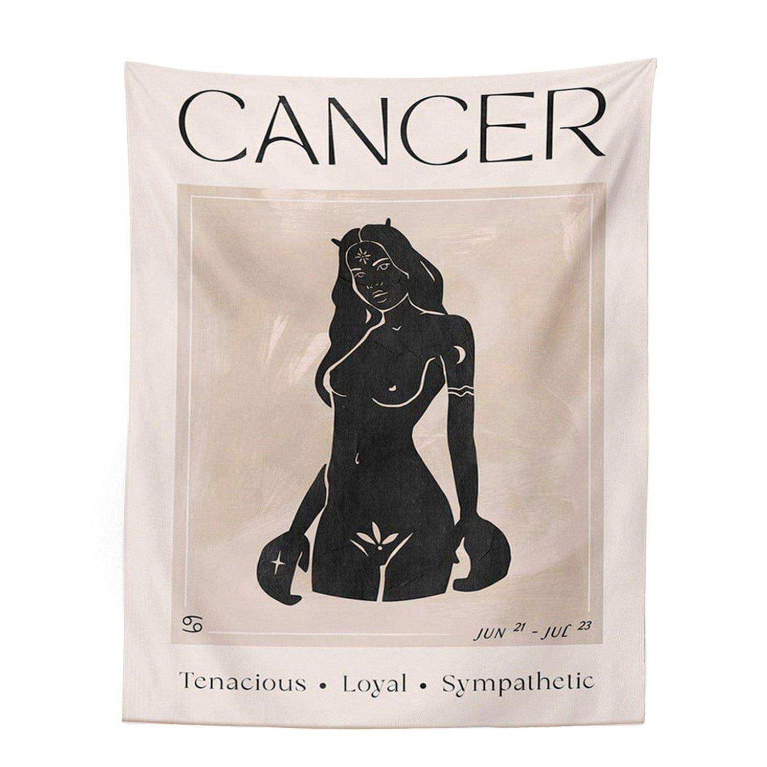 Cream-colored fabric astrology tapestry with black cancer zodiac line art and dates from the astrology tapestry collection