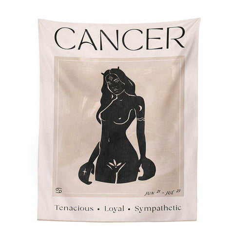 Cream-colored fabric astrology tapestry with black cancer zodiac line art and dates from the astrology tapestry collection