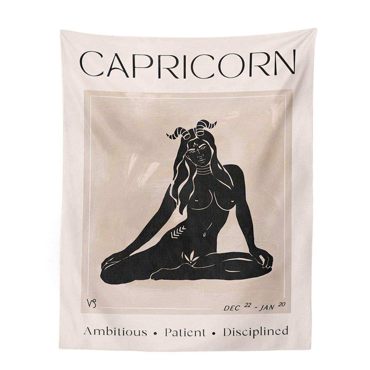 Cream-colored astrology tapestry featuring a black capricorn silhouette with intricate line art from a tapestry collection