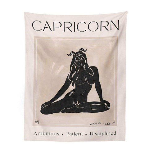 Cream-colored astrology tapestry featuring a black capricorn silhouette with intricate line art from a tapestry collection