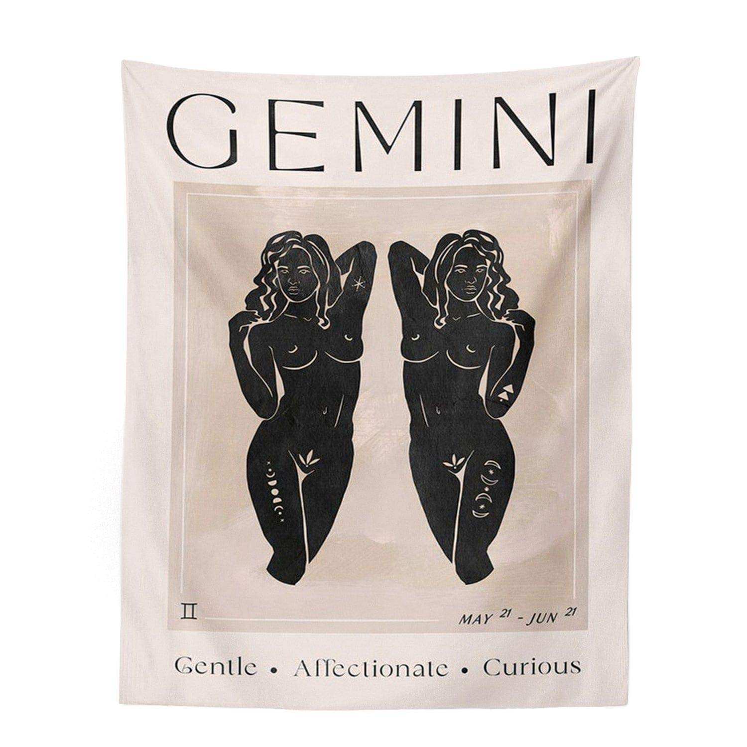 Cream-colored astrology tapestry from the astrology tapestry collection features black gemini twins with moon phases and gemini text