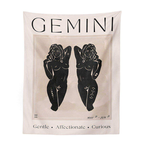 Cream-colored astrology tapestry from the astrology tapestry collection features black gemini twins with moon phases and gemini text