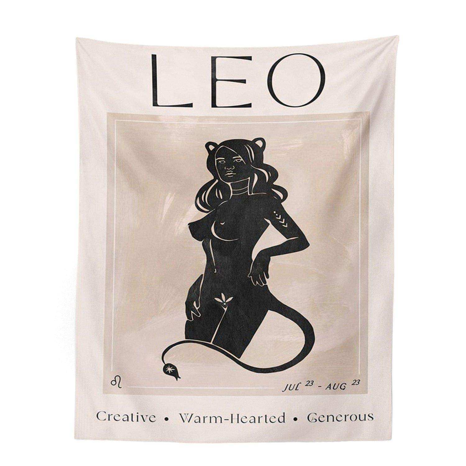 Beige astrology tapestry featuring a black leo lioness with cat ears and astrological sign details from the collection