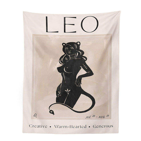 Beige astrology tapestry featuring a black leo lioness with cat ears and astrological sign details from the collection