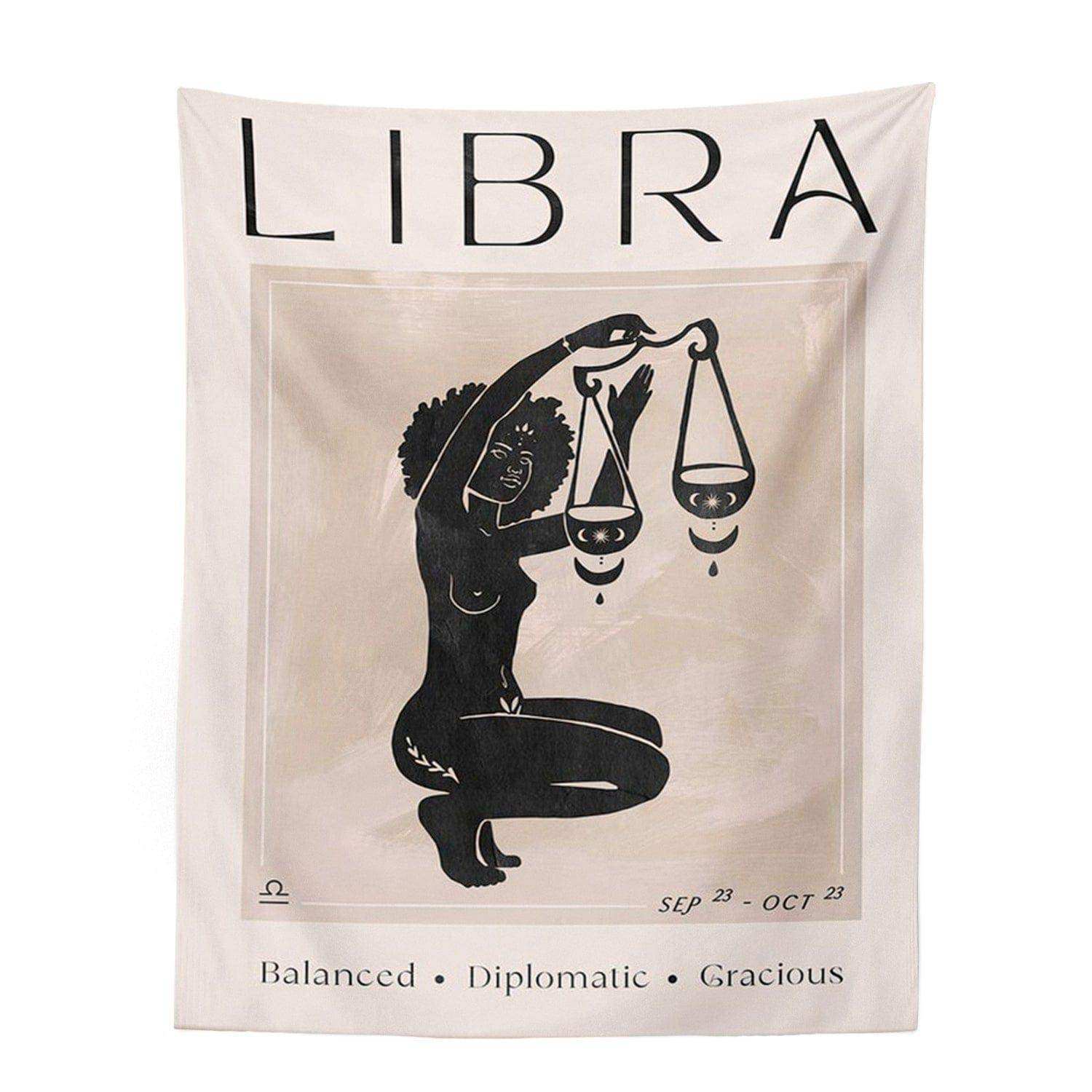 Beige libra astrology tapestry with black scales figure and celestial motifs from astrology tapestry collection
