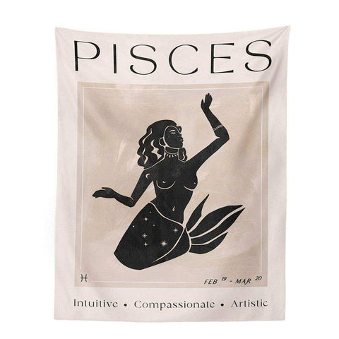 Beige pisces astrology tapestry featuring a black mermaid silhouette with starry tail in a 12 style tapestry collection