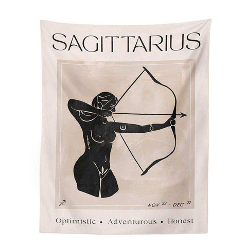 Cream-colored astrology tapestry featuring a black archer silhouette with intricate line art from a tapestry collection