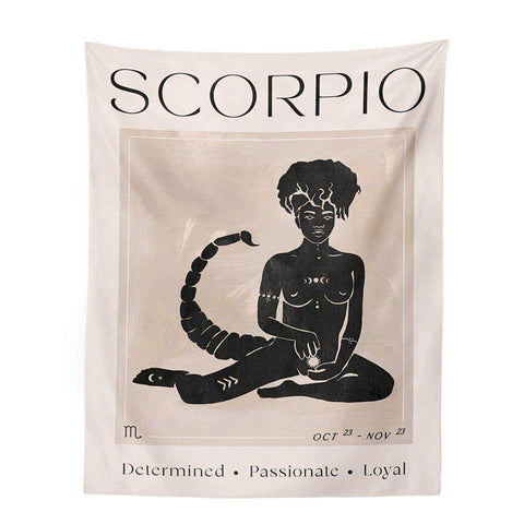 Cream-colored astrology tapestry with black silhouette woman afro scorpion and moon phases from astrology tapestry collection
