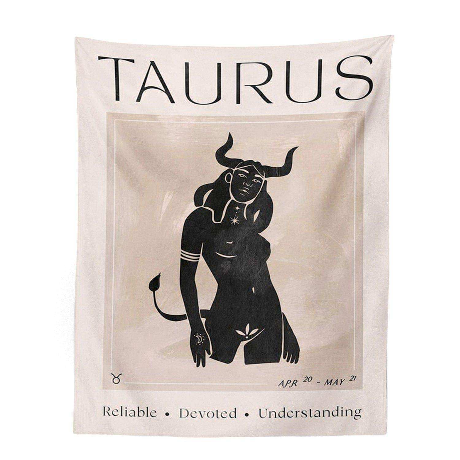 Cream-colored astrology tapestry featuring a black taurus silhouette with horns and tail from astrology tapestry collection