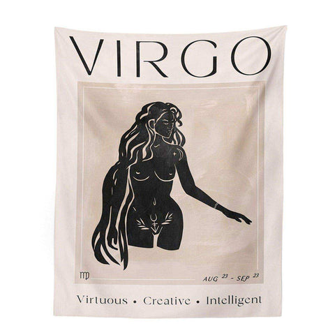 Beige astrology tapestry featuring a black virgo silhouette with flowing hair and bold virgo lettering from a 12 styles collection