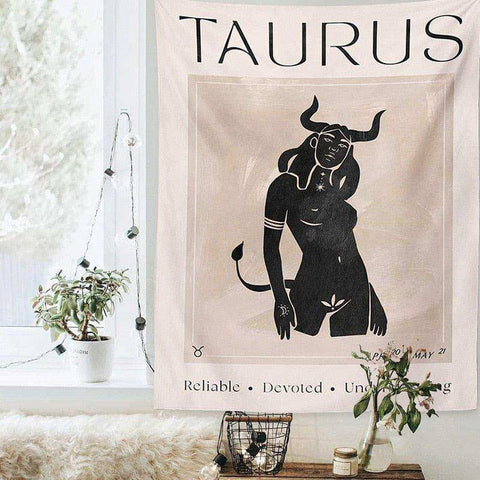 Beige astrology tapestry with a black taurus silhouette featuring horns tail and star details from astrology tapestry collection