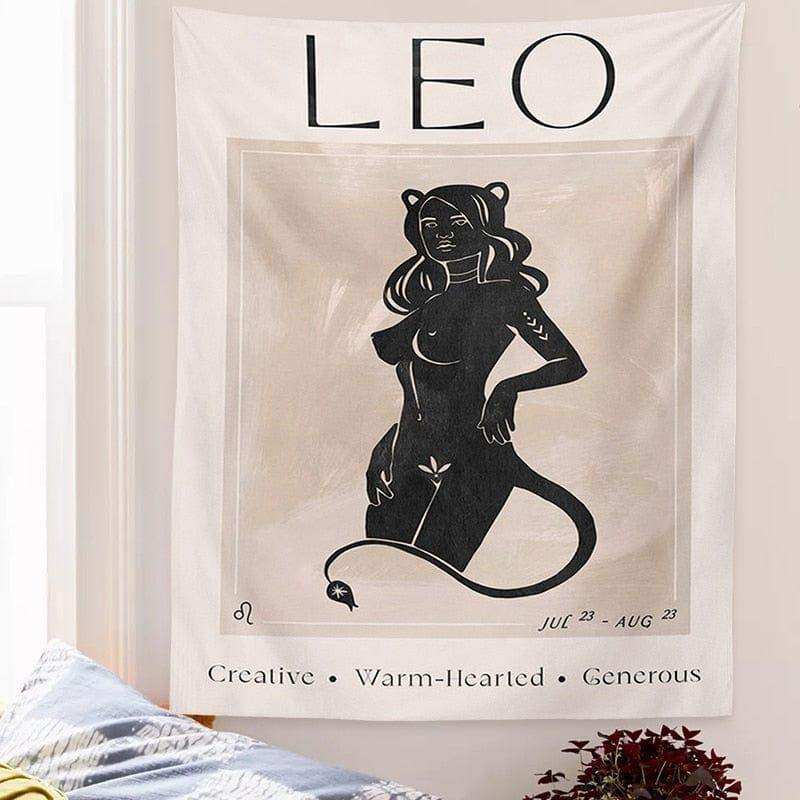 Cream-colored astrology tapestry featuring a black leo astrological sign silhouette with cat-like ears and bold leo lettering