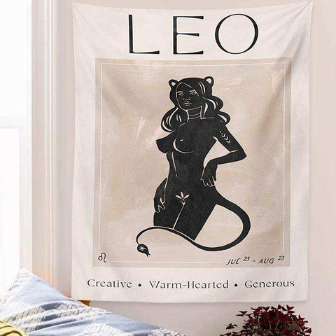 Cream-colored astrology tapestry featuring a black leo astrological sign silhouette with cat-like ears and bold leo lettering