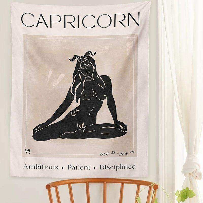 A white capricorn astrology tapestry with a black silhouette and date range from the astrology tapestry collection