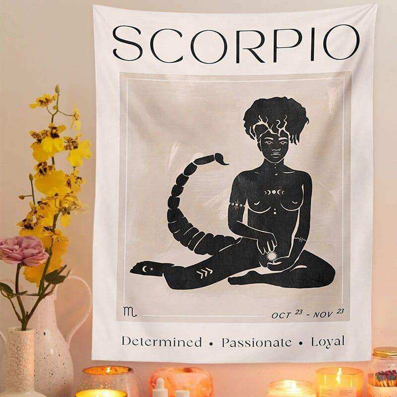 White scorpio astrology tapestry featuring black woman silhouette with scorpion moon phases and oct 23 nov 23 dates from tapestry collection