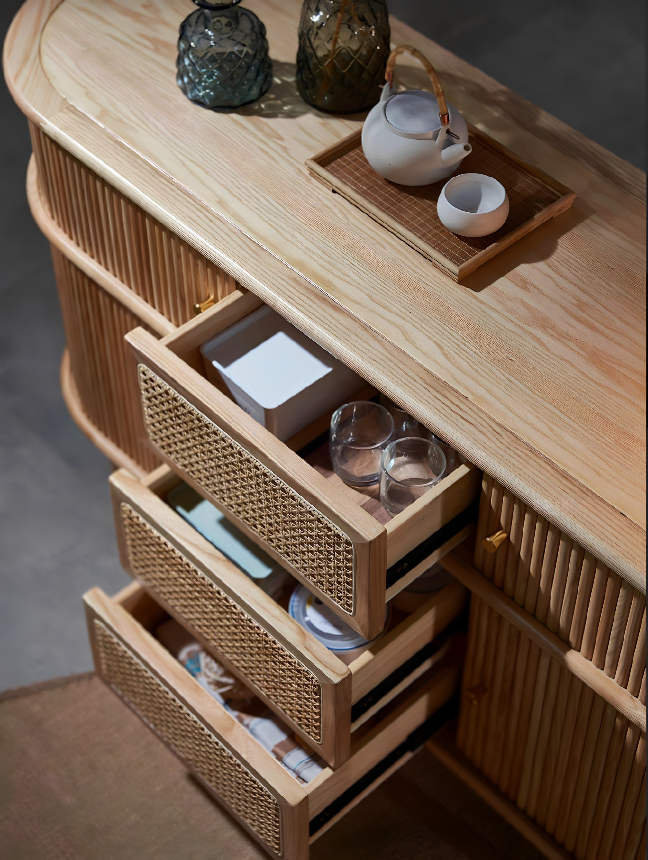 Light wood asuka cabinet sideboard with woven rattan drawer fronts and vertical slat detailing