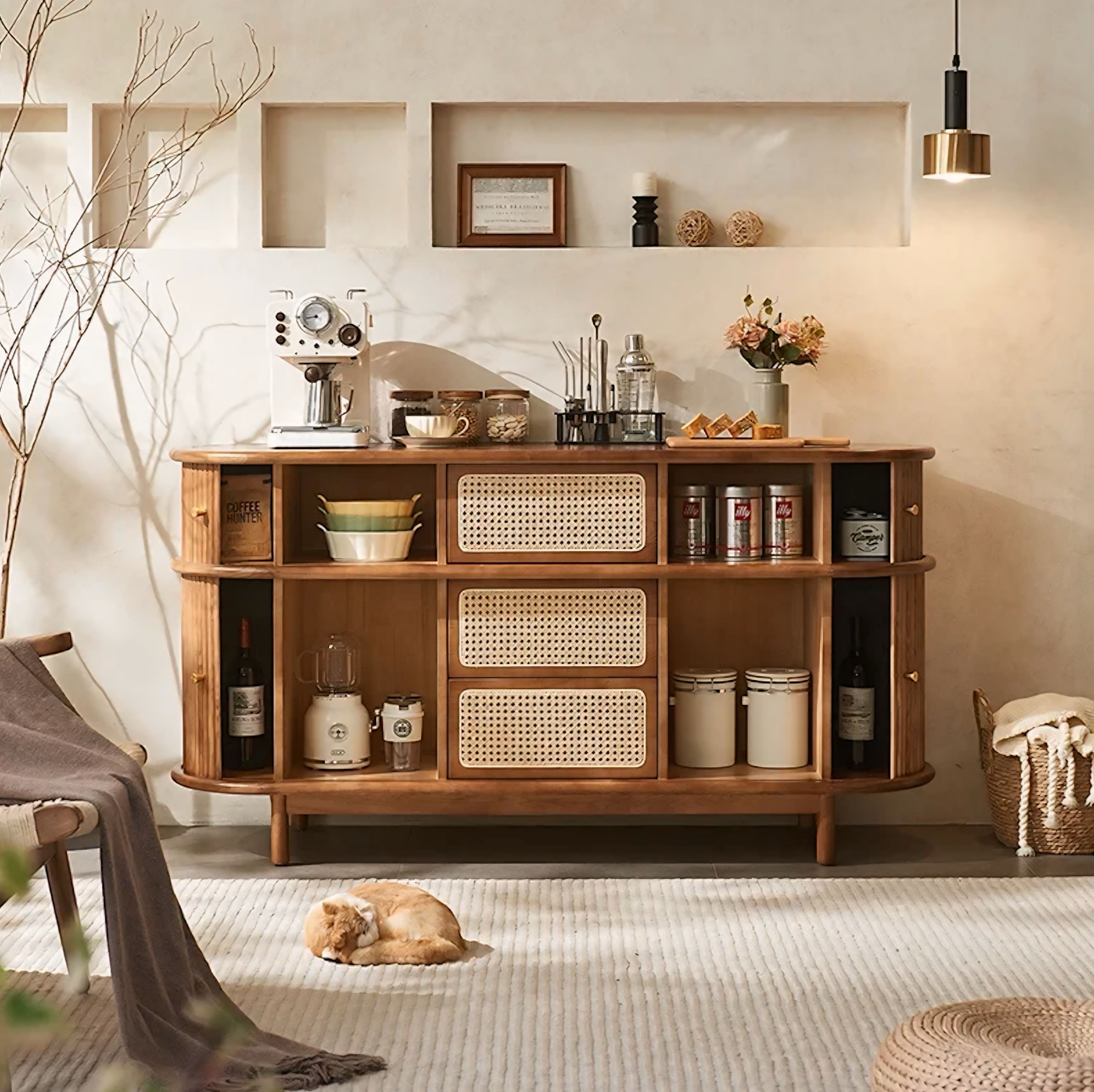 Warm-toned wooden asuka cabinet with woven cane panels and open shelving for stylish storage and display