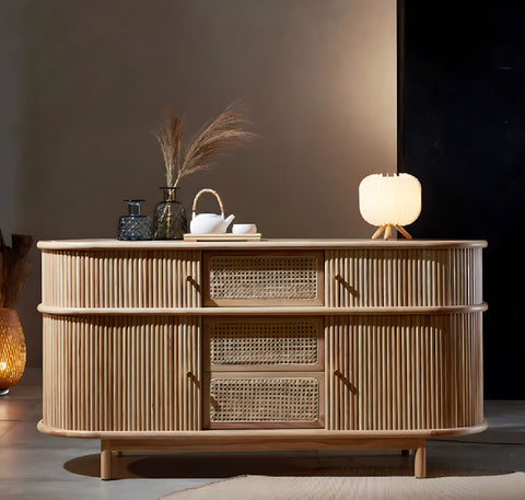Light wood asuka cabinet sideboard with vertical slats and woven cane drawer panels for stylish storage