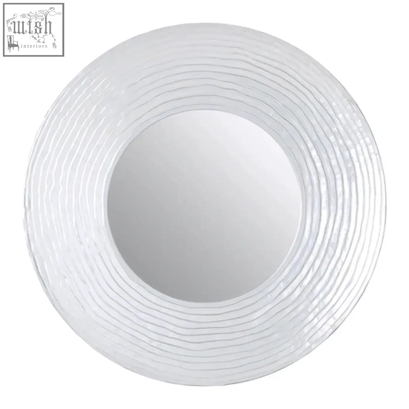 Athena round wall mirror with a white textured frame featuring concentric ridged lines in a silver finish wall mirror