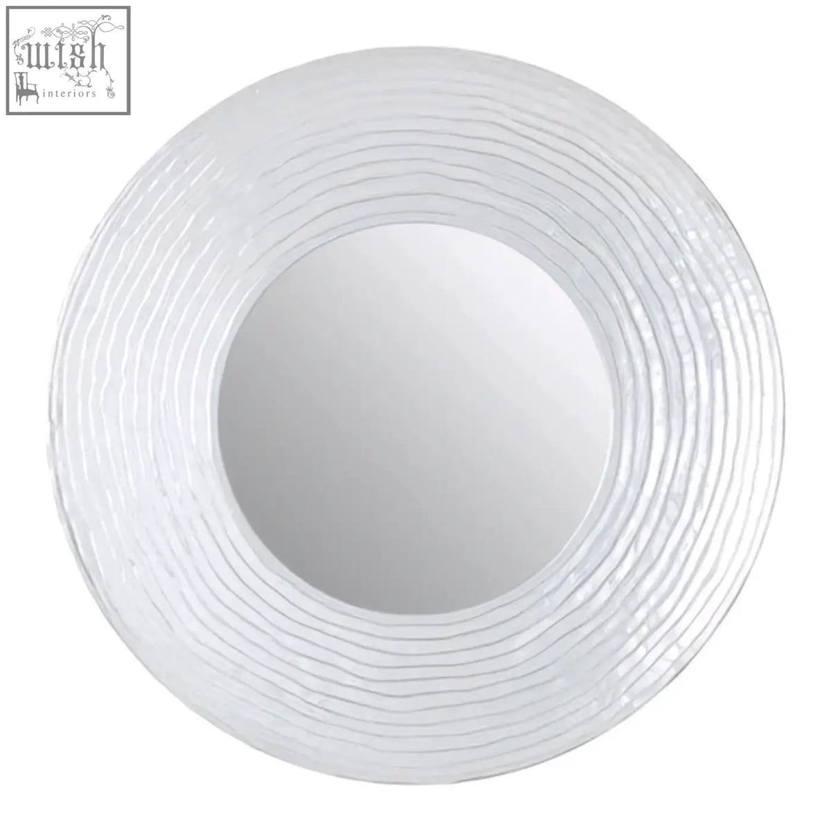 Athena round wall mirror with a white textured frame featuring concentric ridged lines in a silver finish wall mirror