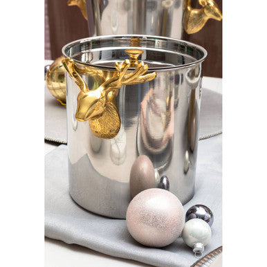 Shiny silver atholl ice bucket with gold deer head handles perfect for stylish ice storage and serving