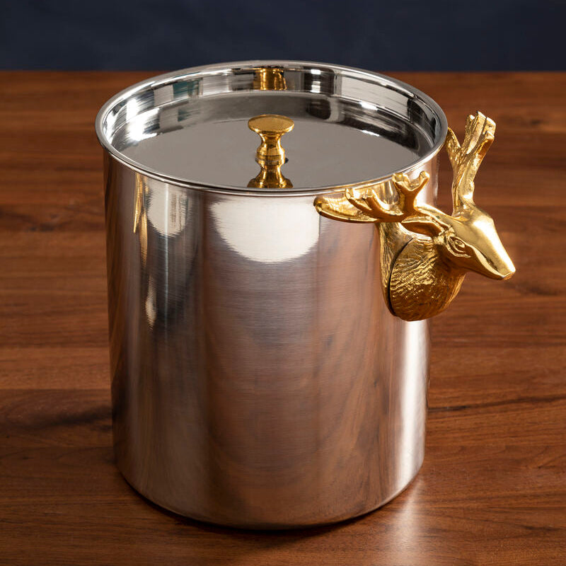 Shiny silver atholl ice bucket with golden deer head handle and matching lid knob for stylish chilling