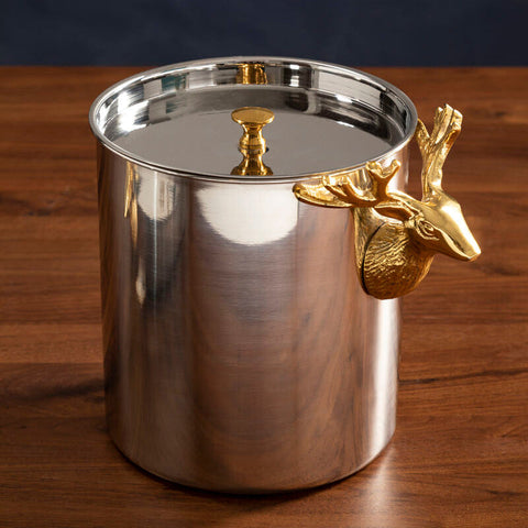 Shiny silver atholl ice bucket with golden deer head handle and matching lid knob for stylish chilling