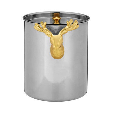 A sleek silver atholl ice bucket with a polished gold deer head handle and matching golden lid knob