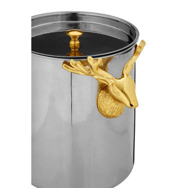 Atholl ice bucket is a sleek silver metal ice bucket with a gold deer head handle featuring detailed antlers and fur texture