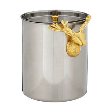 Atholl ice bucket is a sleek stainless steel ice bucket with a polished finish and gold deer head handle