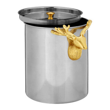 Stainless steel atholl ice bucket with gold lid and decorative deer head antler handle for stylish chilling