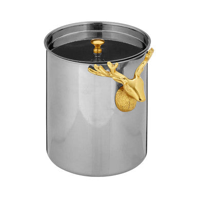 Stainless steel atholl ice bucket with gold-toned deer head handle and matching lid knob for stylish chilling