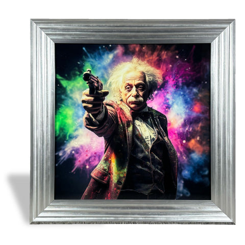 Silver-framed atomic genius artwork with albert einstein portrait in dark suit against vibrant cosmic nebula background