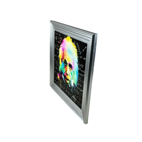 Silver-framed atomic intellect artwork with vibrant rainbow einstein portrait and black math equation background