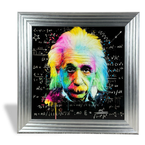 A vibrant rainbow-colored portrait of albert einstein in a sleek silver frame perfect for atomic intellect fans
