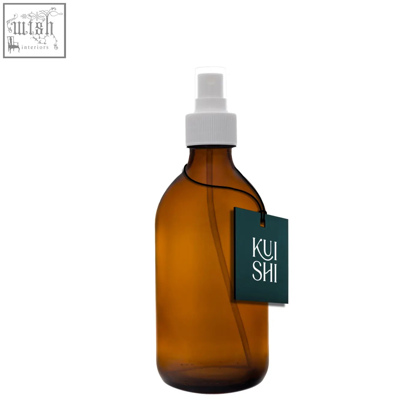 Amber glass spray bottle with white nozzle and tag perfect to diffuse natural scents like kui shi
