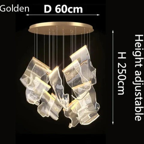 Golden circular ceiling fixture atsushi light with six translucent sculpted glass pendants hanging from cords