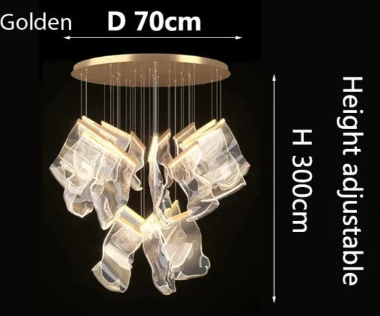 Golden atsushi light chandelier with translucent ruffled glass shades and adjustable height for elegant lighting