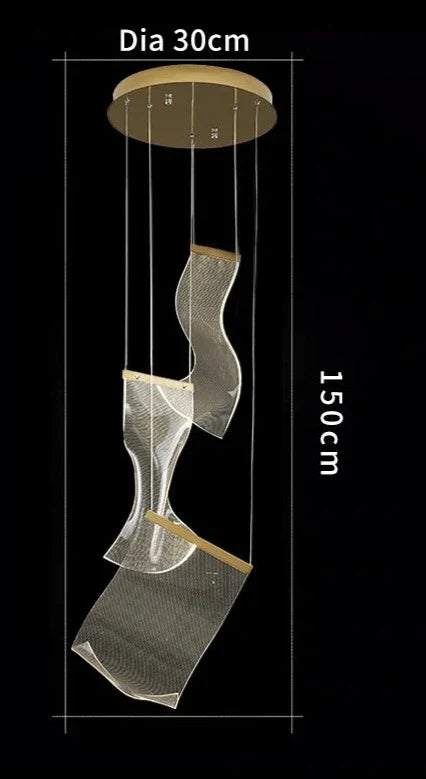 Modern minimalist pendant atsushi light with circular wooden base and transparent mesh shades in wave shapes suspended by cables