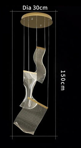 Modern minimalist pendant atsushi light with circular wooden base and transparent mesh shades in wave shapes suspended by cables