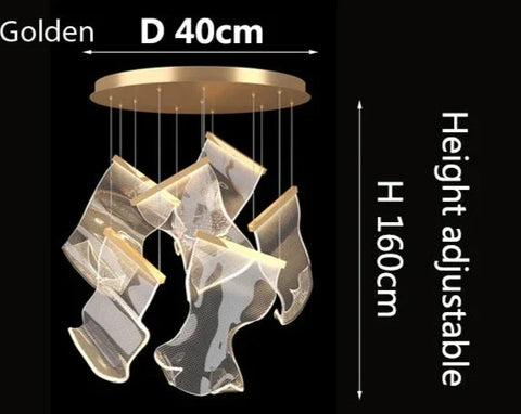 Golden circular chandelier with adjustable height and hanging translucent mesh shades from atsushi light