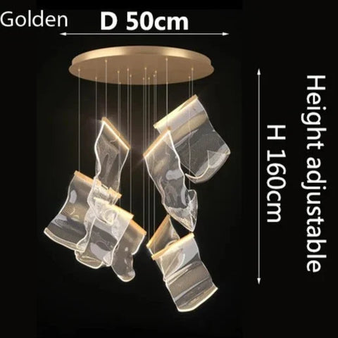 Golden circular ceiling fixture with five translucent sculpted glass pendants hanging by thin cords atsushi light